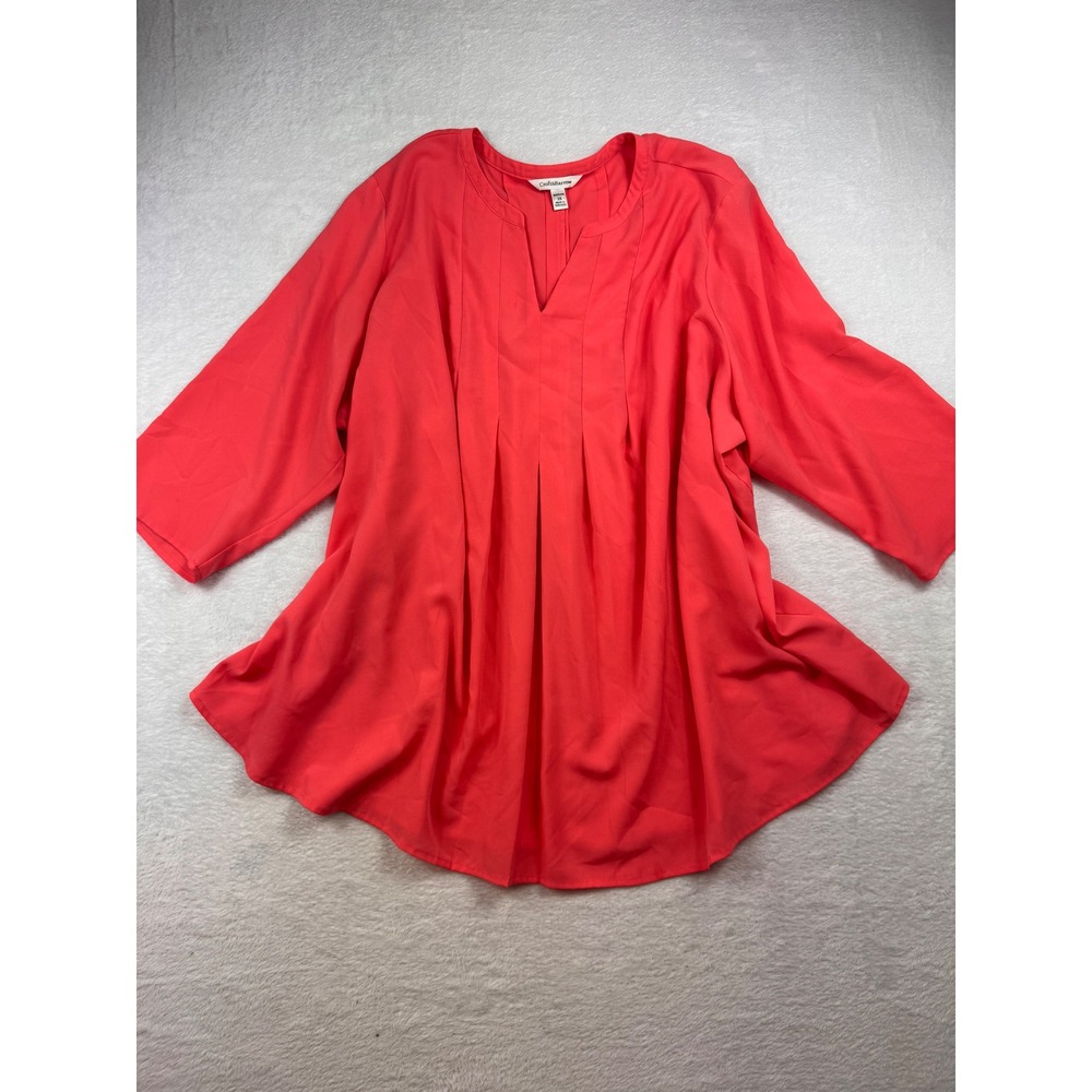 Croft & Barrow Coral Pink Pleated Split Neck Blouse 3/4 Sleeve Plus Size 3X